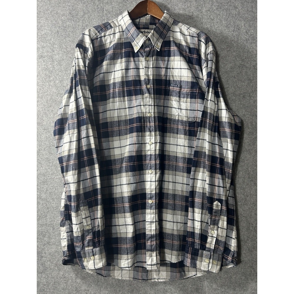 Barbour Flannel Plaid Shirt Mens Large Navy Blue Tailored Fit Stretch NWT